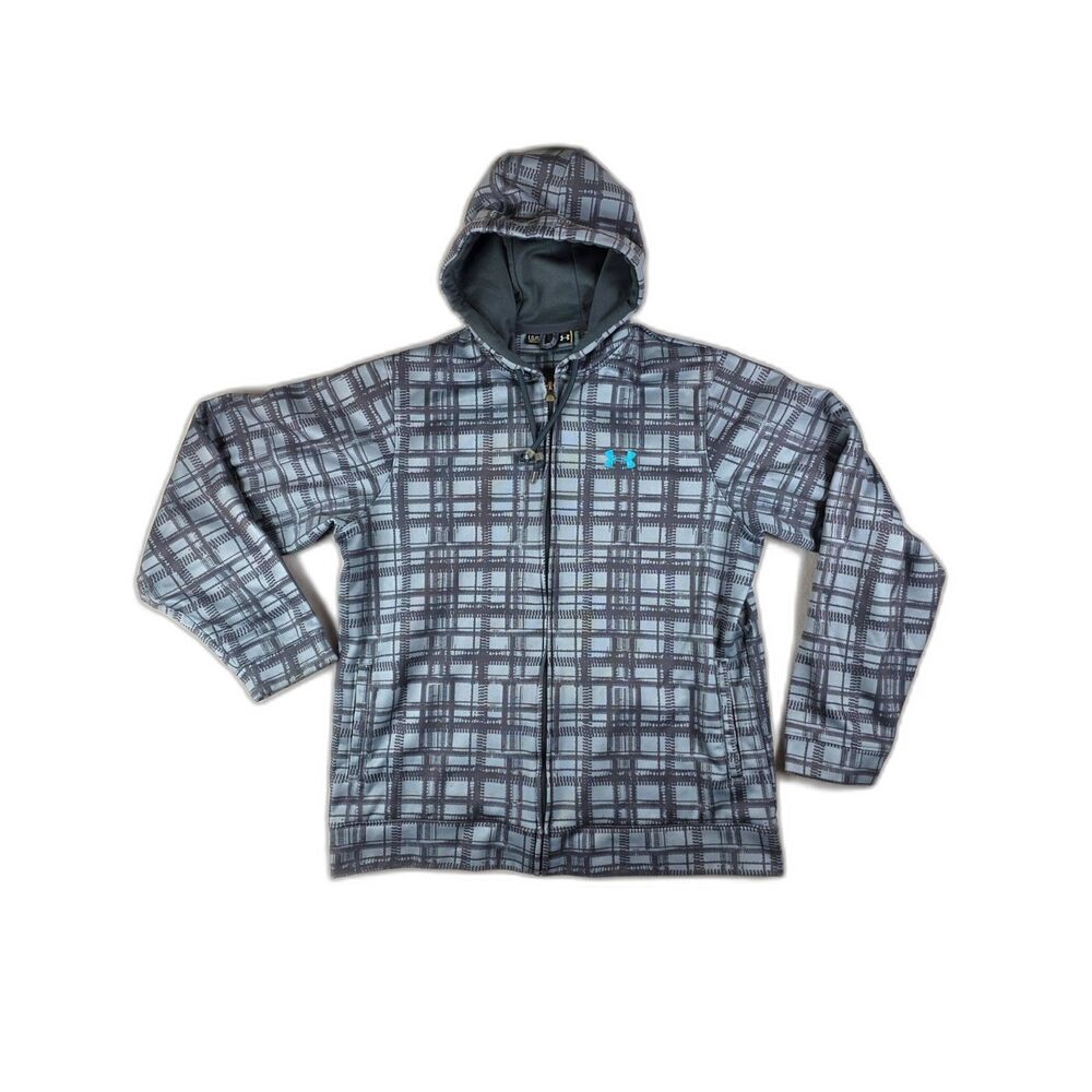 Under Armour ColdGear Pane Plaid Hoodie Teal and Gray Plaid Pattern Men Size L